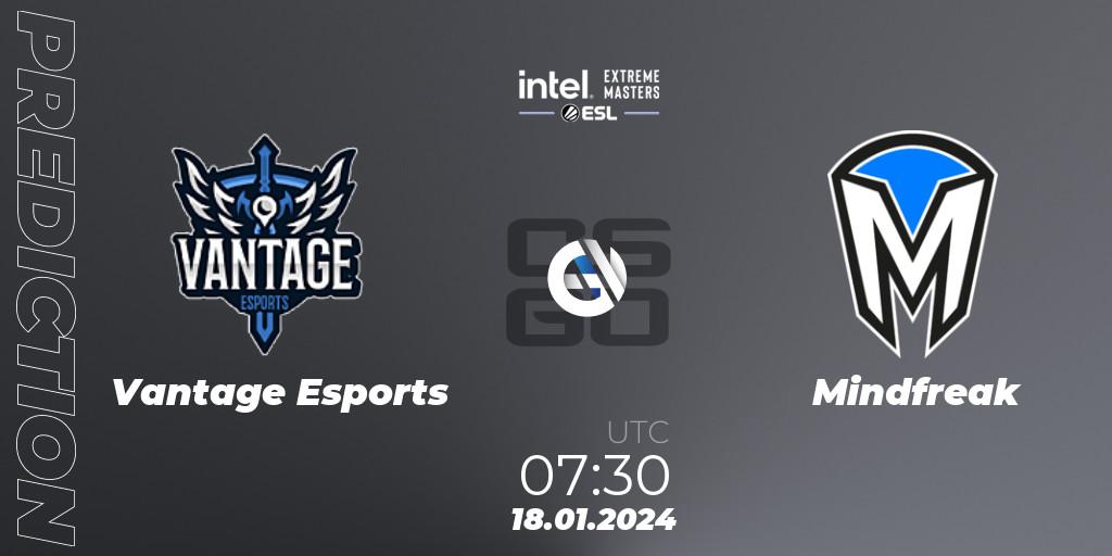 Pronósticos Vantage Esports - Mindfreak. 18.01.2024 at 07:00. Intel Extreme Masters China 2024: Oceanic Open Qualifier #2 - Counter-Strike (CS2)