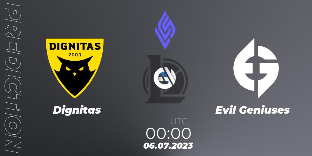 Pronósticos Dignitas - Evil Geniuses. 06.07.2023 at 00:00. LCS Summer 2023 - Group Stage - LoL