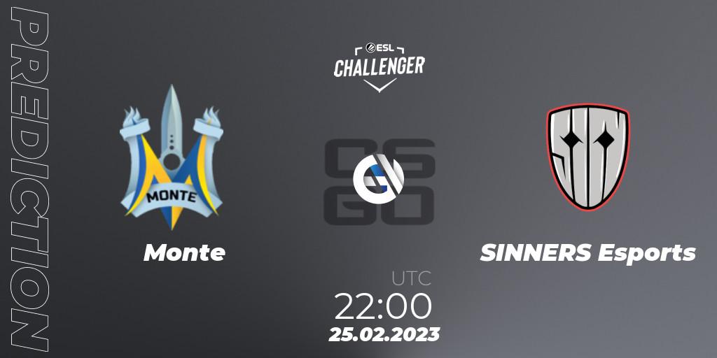 Pronósticos Monte - SINNERS Esports. 25.02.2023 at 22:00. ESL Challenger Melbourne 2023 Europe Open Qualifier - Counter-Strike (CS2)