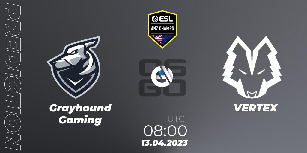 Pronósticos Grayhound Gaming - VERTEX. 13.04.2023 at 08:00. ESL ANZ Champs Season 16 - Counter-Strike (CS2)