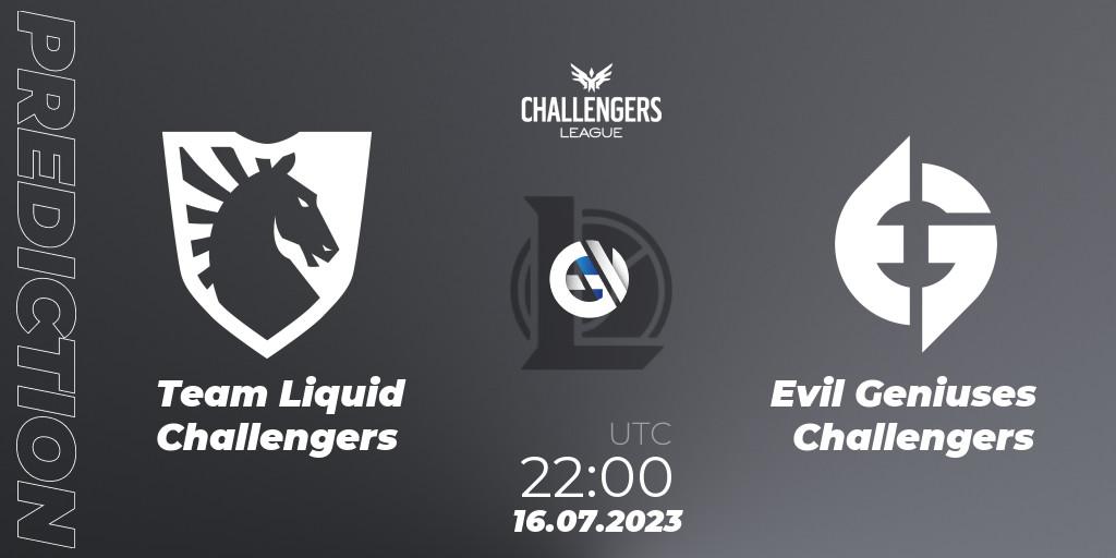 Pronósticos Team Liquid Challengers - Evil Geniuses Challengers. 27.06.2023 at 00:00. North American Challengers League 2023 Summer - Group Stage - LoL