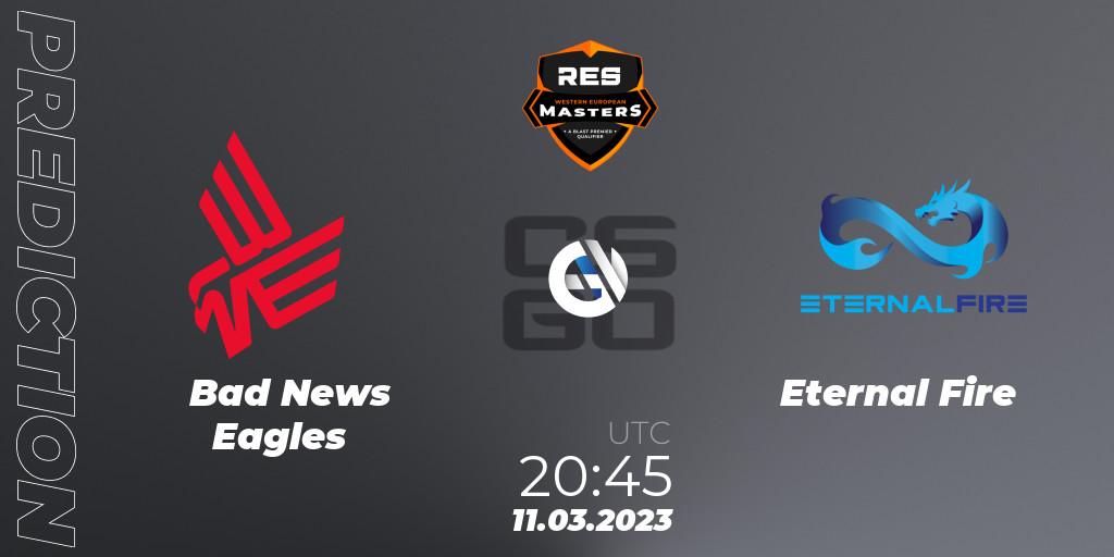 Pronósticos Bad News Eagles - Eternal Fire. 11.03.2023 at 20:45. RES Eastern European Masters: Spring 2023 - Counter-Strike (CS2)