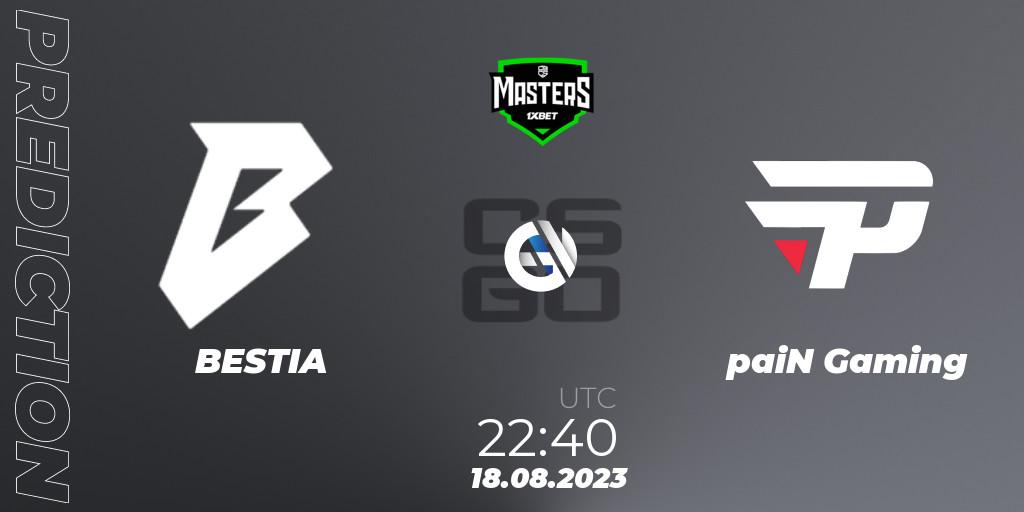 Pronósticos BESTIA - paiN Gaming. 18.08.2023 at 22:45. CBCS 2023 Masters - Counter-Strike (CS2)