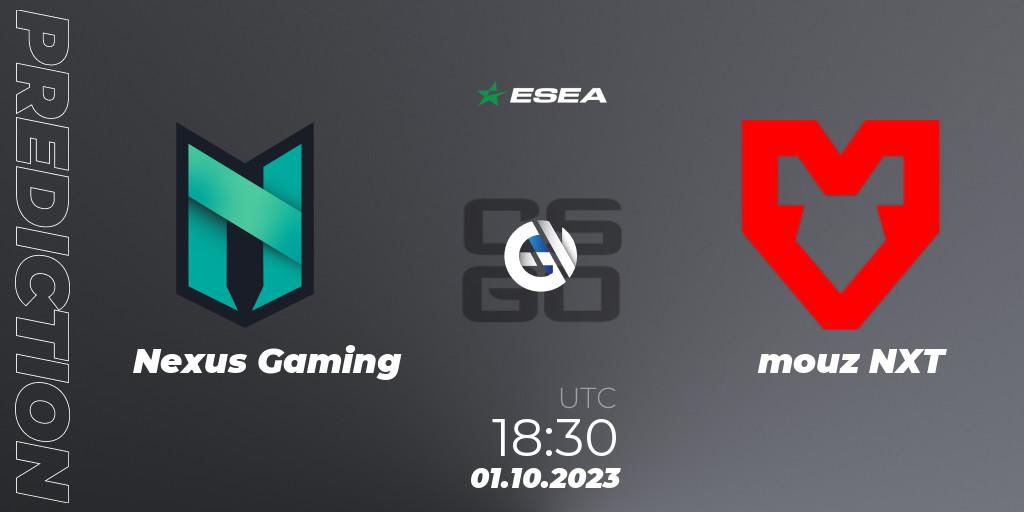 Pronósticos Nexus Gaming - mouz NXT. 01.10.2023 at 19:30. ESEA Advanced Season 46 Europe - Counter-Strike (CS2)