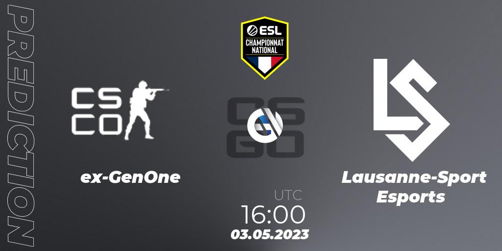 Pronósticos ex-GenOne - Lausanne-Sport Esports. 04.05.2023 at 16:00. ESL Championnat National Spring 2023 - Counter-Strike (CS2)
