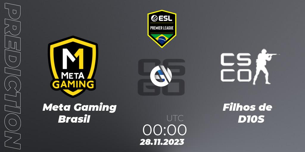 Pronósticos Meta Gaming Brasil - Filhos de D10S. 28.11.2023 at 00:00. ESL Brasil Premier League Season 15 - Counter-Strike (CS2)