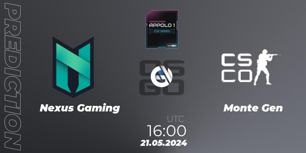 Pronósticos Nexus Gaming - Monte Gen. 21.05.2024 at 16:00. Appolo1 Series: Phase 2 - Counter-Strike (CS2)