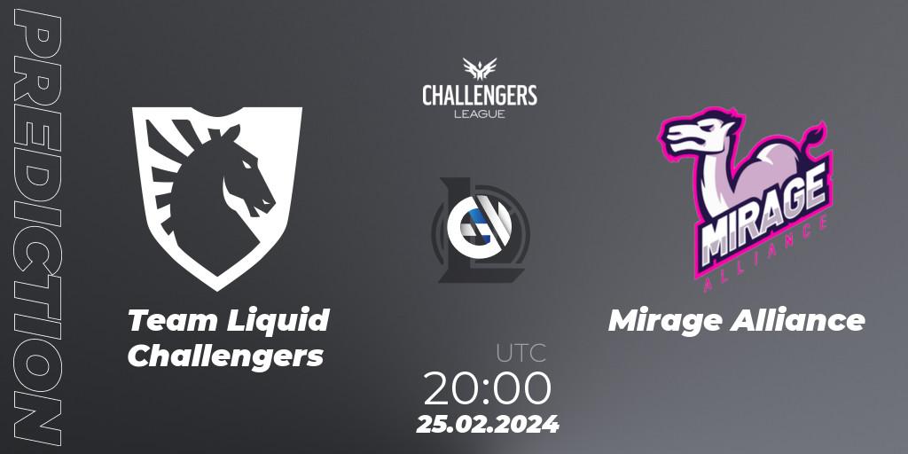 Pronósticos Team Liquid Challengers - Mirage Alliance. 25.02.2024 at 20:00. NACL 2024 Spring - Group Stage - LoL
