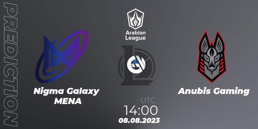 Pronósticos Nigma Galaxy MENA - Anubis Gaming. 08.08.2023 at 15:50. Arabian League Summer 2023 - Playoffs - LoL