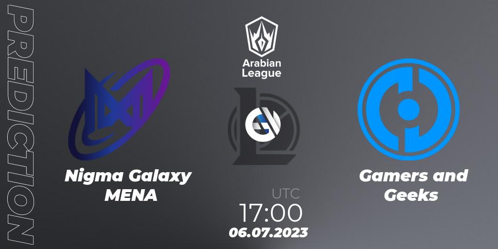 Pronósticos Nigma Galaxy MENA - Gamers and Geeks. 06.07.2023 at 17:00. Arabian League Summer 2023 - Group Stage - LoL