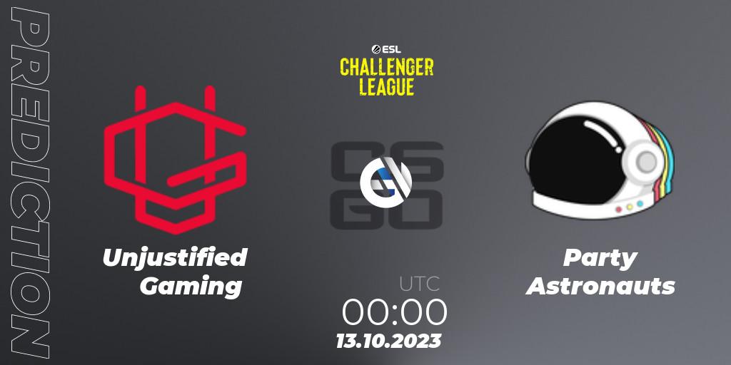 Pronósticos Unjustified Gaming - Party Astronauts. 13.10.2023 at 00:00. ESL Challenger League Season 46: North America - Counter-Strike (CS2)