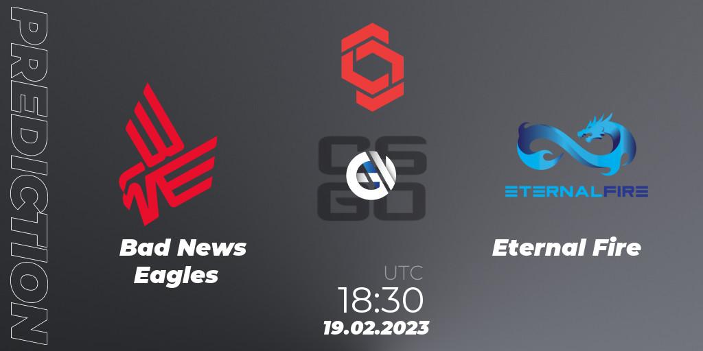 Pronósticos Bad News Eagles - Eternal Fire. 19.02.2023 at 19:00. CCT Central Europe Series Finals #1 - Counter-Strike (CS2)