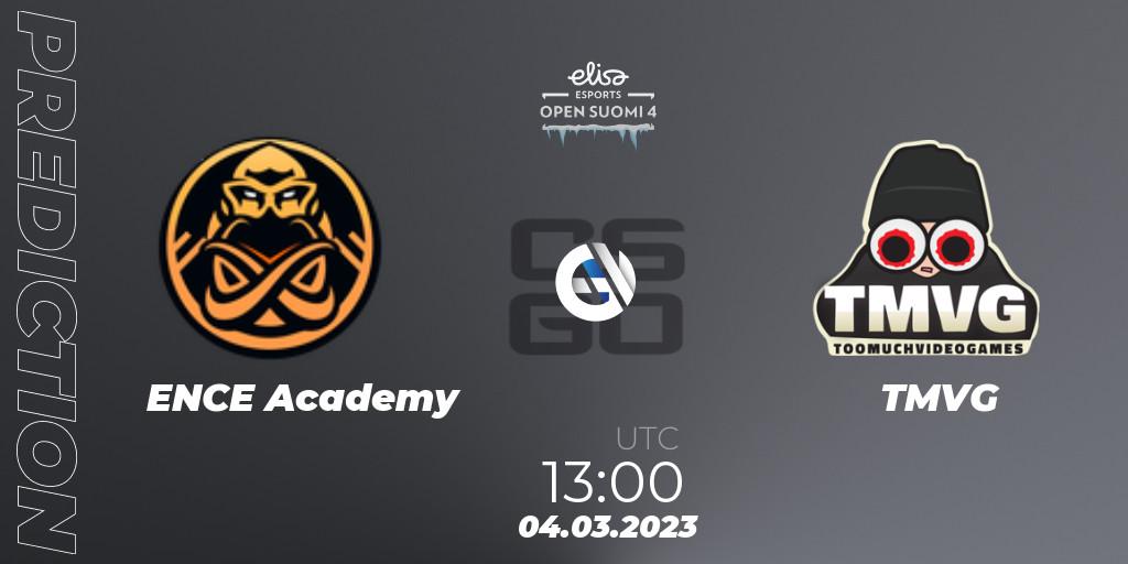Pronósticos ENCE Academy - TMVG. 04.03.2023 at 13:45. Elisa Open Suomi Season 4 - Counter-Strike (CS2)