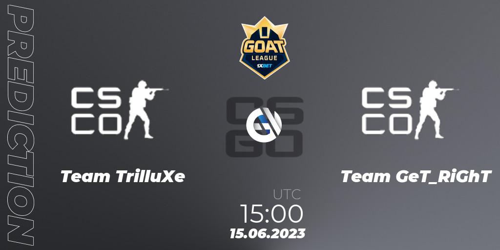 Pronósticos Team TrilluXe - Team GeT_RiGhT. 15.06.2023 at 15:00. 1xBet GOAT League 2023 Summer VACation - Counter-Strike (CS2)