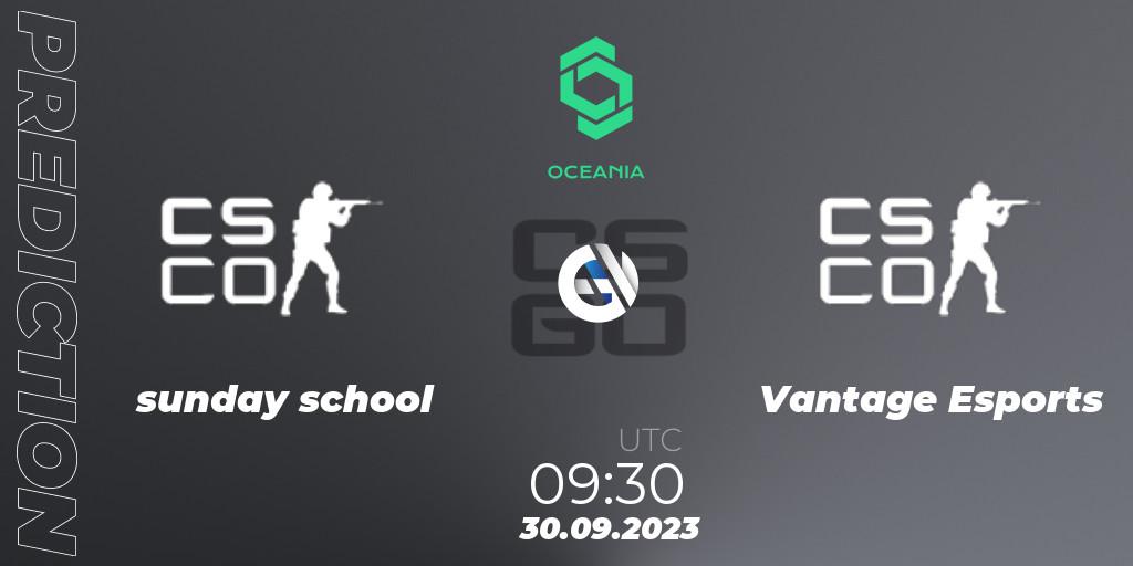 Pronósticos sunday school - Vantage Esports. 30.09.2023 at 09:45. CCT Oceania Series #2 - Counter-Strike (CS2)
