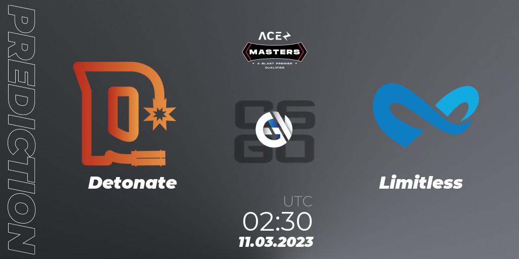 Pronósticos Detonate - Limitless. 11.03.2023 at 02:30. Ace North American Masters Spring 2023 - BLAST Premier Qualifier - Counter-Strike (CS2)