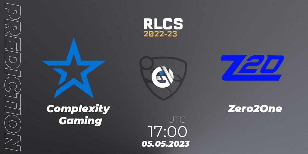 Pronósticos Complexity Gaming - Zero2One. 05.05.2023 at 17:00. RLCS 2022-23 - Spring: North America Regional 1 - Spring Open - Playoffs - Rocket League