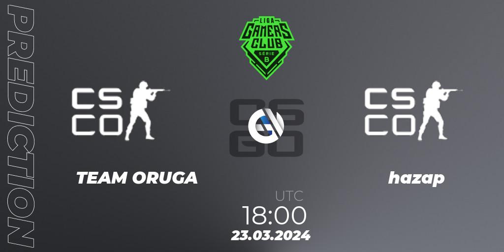 Pronósticos TEAM ORUGA - hazap. 23.03.2024 at 18:00. Gamers Club Liga Série B: March 2024 - Counter-Strike (CS2)