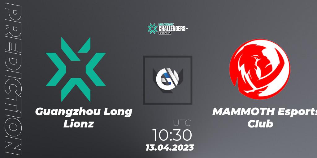 Pronósticos Guangzhou Long Lionz - MAMMOTH Esports Club. 13.04.2023 at 10:30. VALORANT Challengers 2023: Oceania Split 2 - Group Stage - VALORANT