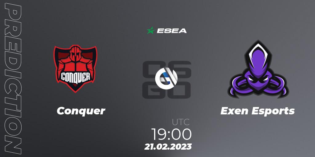 Pronósticos Conquer - Exen Esports. 21.02.2023 at 19:00. ESEA Season 44: Advanced Division - Europe - Counter-Strike (CS2)