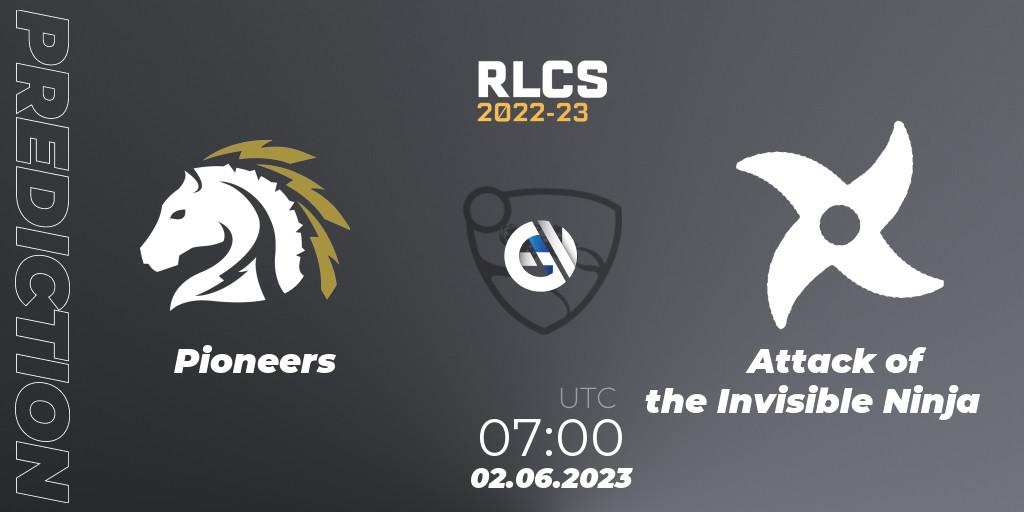Pronósticos Pioneers - Attack of the Invisible Ninja. 02.06.2023 at 07:00. RLCS 2022-23 - Spring: Oceania Regional 3 - Spring Invitational - Rocket League