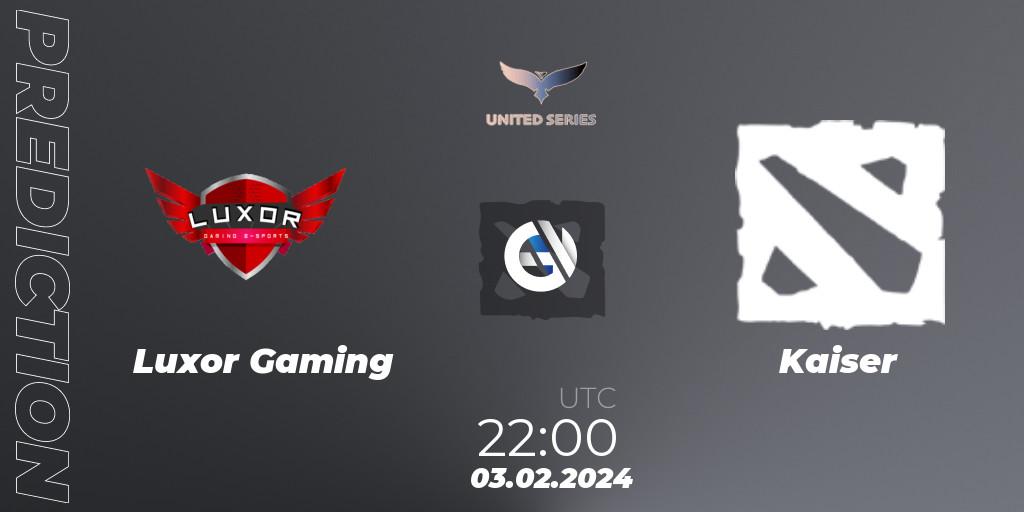 Pronósticos Luxor Gaming - Kaiser. 03.02.2024 at 22:00. United Series 1 - Dota 2