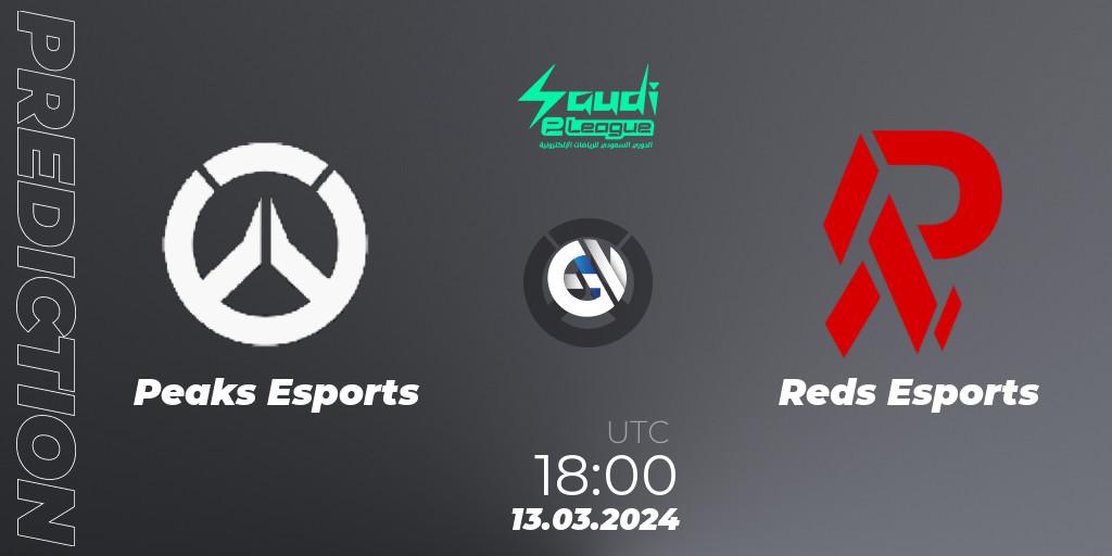 Pronósticos Peaks Esports - Reds Esports. 13.03.2024 at 18:30. Saudi eLeague 2024 - Major 1 / Phase 2 - Overwatch