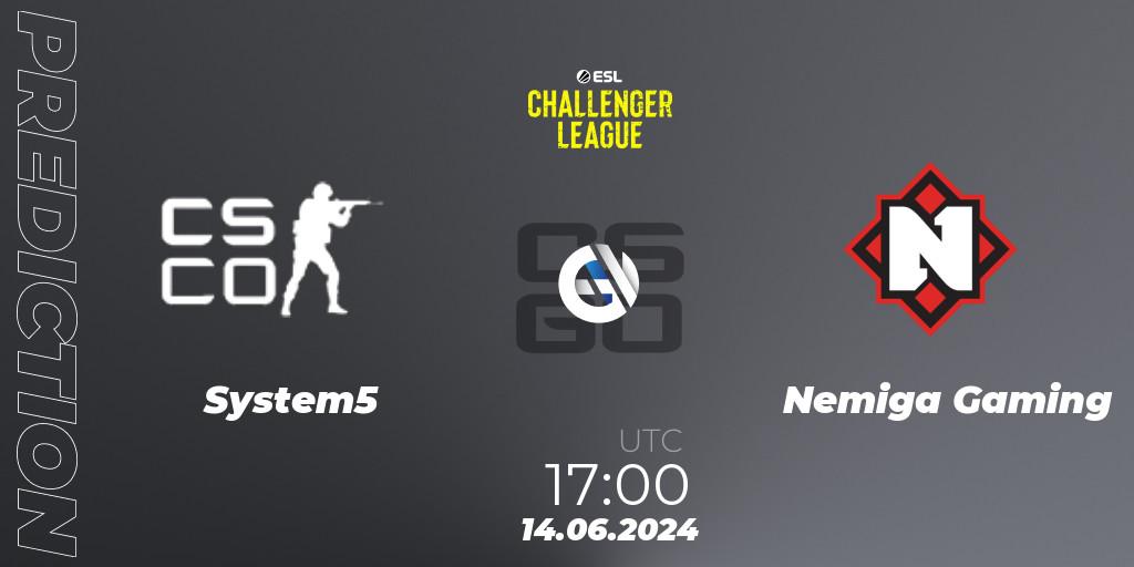 Pronósticos System5 - Nemiga Gaming. 14.06.2024 at 17:00. ESL Challenger League Season 47 Relegation: Europe - Counter-Strike (CS2)