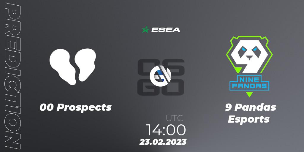 Pronósticos 00 Prospects - 9 Pandas Esports. 23.02.2023 at 14:00. ESEA Season 44: Advanced Division - Europe - Counter-Strike (CS2)