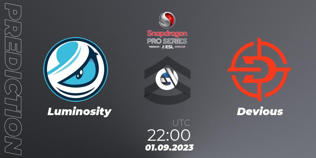 Pronósticos Luminosity - Devious. 03.09.2023 at 18:30. Snapdragon Pro Series Season 3 North America - Call of Duty