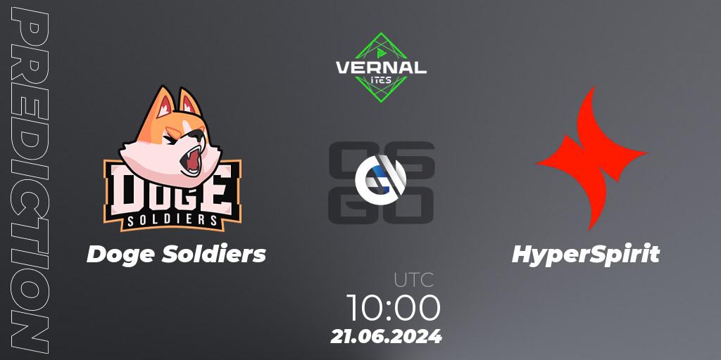 Pronósticos Doge Soldiers - HyperSpirit. 21.06.2024 at 10:00. ITES Vernal - Counter-Strike (CS2)