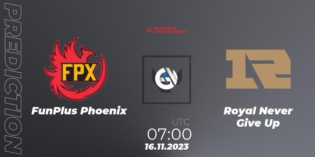 Pronósticos FunPlus Phoenix - Royal Never Give Up. 16.11.2023 at 07:00. VALORANT China Evolution Series Act 3: Heritability - VALORANT