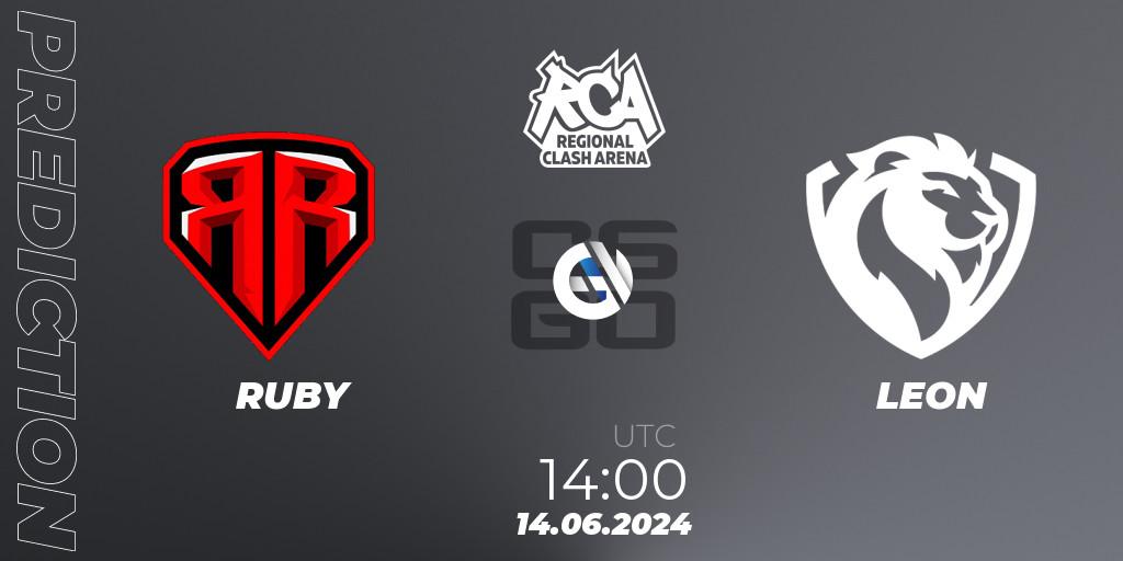 Pronósticos RUBY - LEON. 14.06.2024 at 14:00. Regional Clash Arena Europe - Counter-Strike (CS2)