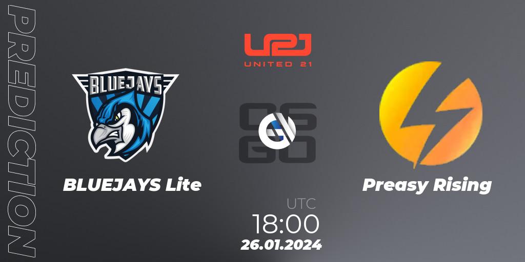 Pronósticos BLUEJAYS Lite - Preasy Rising. 26.01.2024 at 18:00. United21 Season 10: Division 2 - Counter-Strike (CS2)