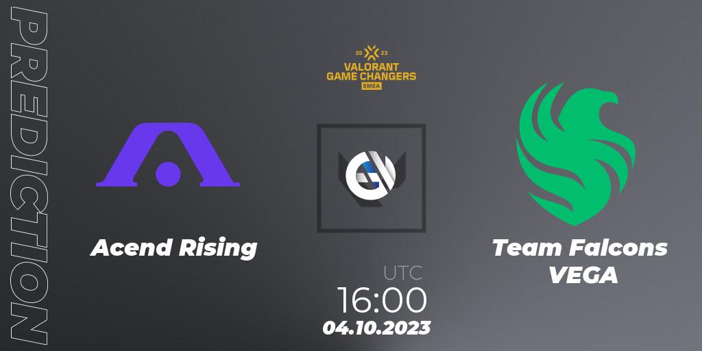 Pronósticos Acend Rising - Team Falcons VEGA. 04.10.2023 at 16:00. VCT 2023: Game Changers EMEA Stage 3 - Playoffs - VALORANT