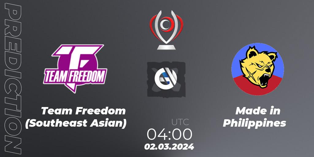 Pronósticos Team Freedom (Southeast Asian) - Made in Philippines. 02.03.2024 at 04:05. Opus League - Dota 2