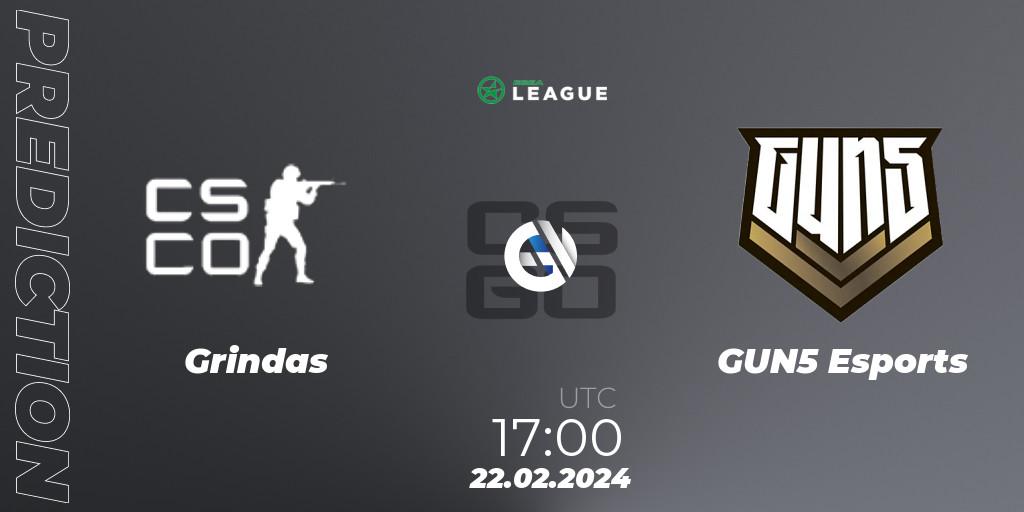 Pronósticos Grindas - GUN5 Esports. 22.02.2024 at 17:00. ESEA Season 48: Advanced Division - Europe - Counter-Strike (CS2)