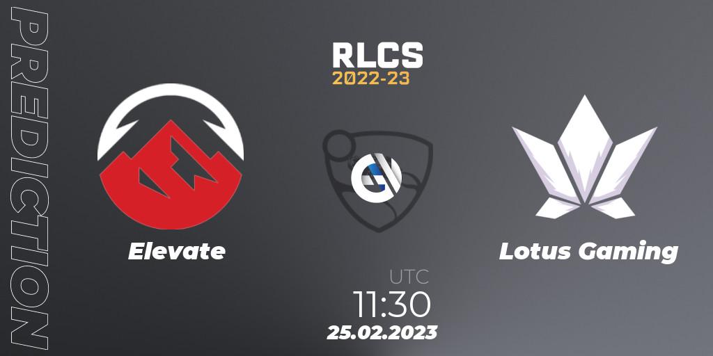 Pronósticos Elevate - Lotus Gaming. 25.02.2023 at 11:30. RLCS 2022-23 - Winter: Asia-Pacific Regional 3 - Winter Invitational - Rocket League