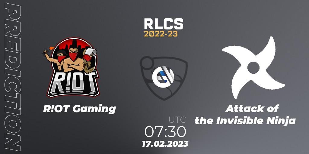 Pronósticos R!OT Gaming - Attack of the Invisible Ninja. 17.02.2023 at 07:30. RLCS 2022-23 - Winter: Oceania Regional 2 - Winter Cup - Rocket League