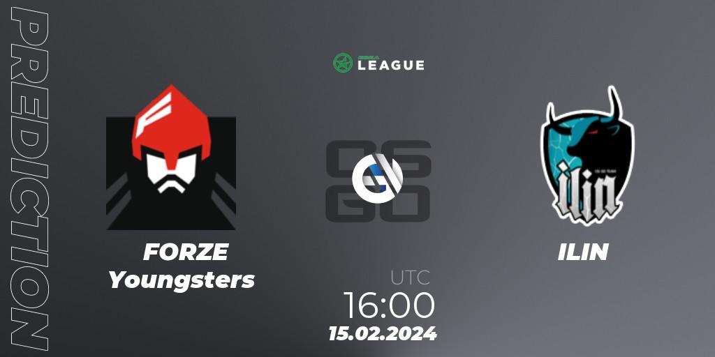 Pronósticos FORZE Youngsters - ILIN. 15.02.2024 at 16:00. ESEA Season 48: Advanced Division - Europe - Counter-Strike (CS2)