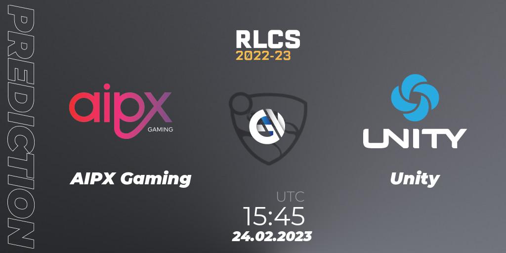 Pronósticos AIPX Gaming - Unity. 24.02.2023 at 15:45. RLCS 2022-23 - Winter: Sub-Saharan Africa Regional 3 - Winter Invitational - Rocket League