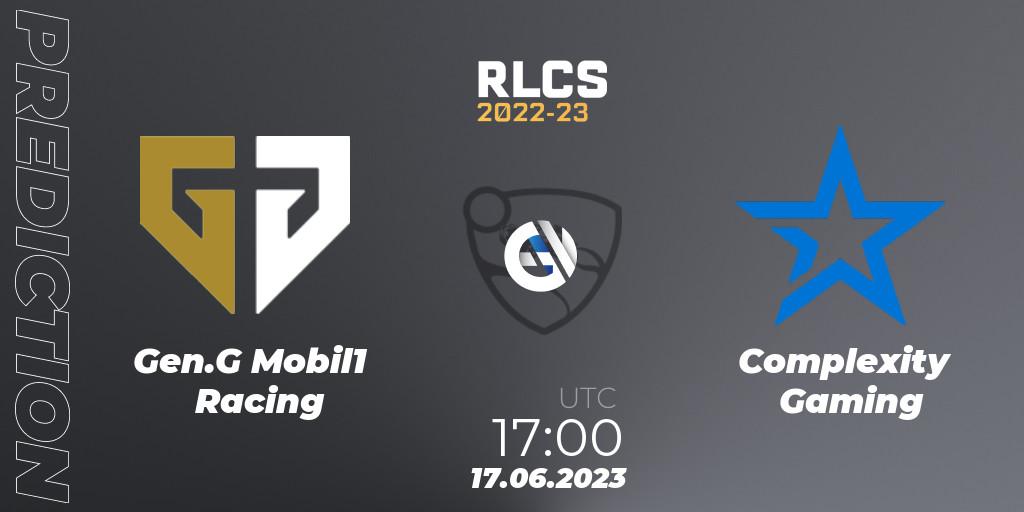 Pronósticos Gen.G Mobil1 Racing - Complexity Gaming. 17.06.2023 at 17:00. RLCS 2022-23 - Spring: North America Regional 3 - Spring Invitational - Rocket League