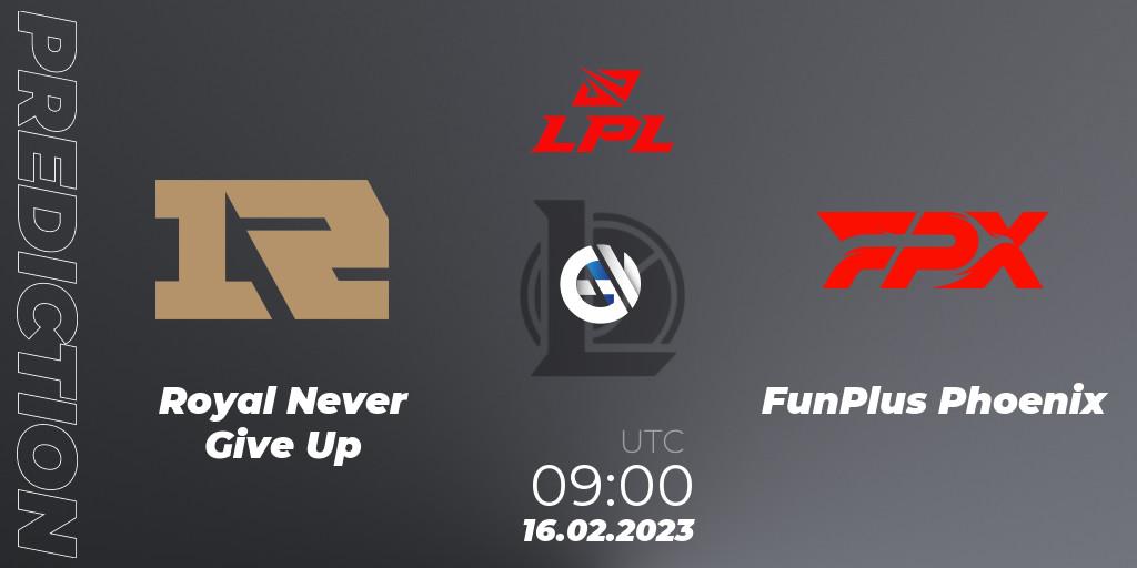 Pronósticos Royal Never Give Up - FunPlus Phoenix. 16.02.2023 at 09:00. LPL Spring 2023 - Group Stage - LoL