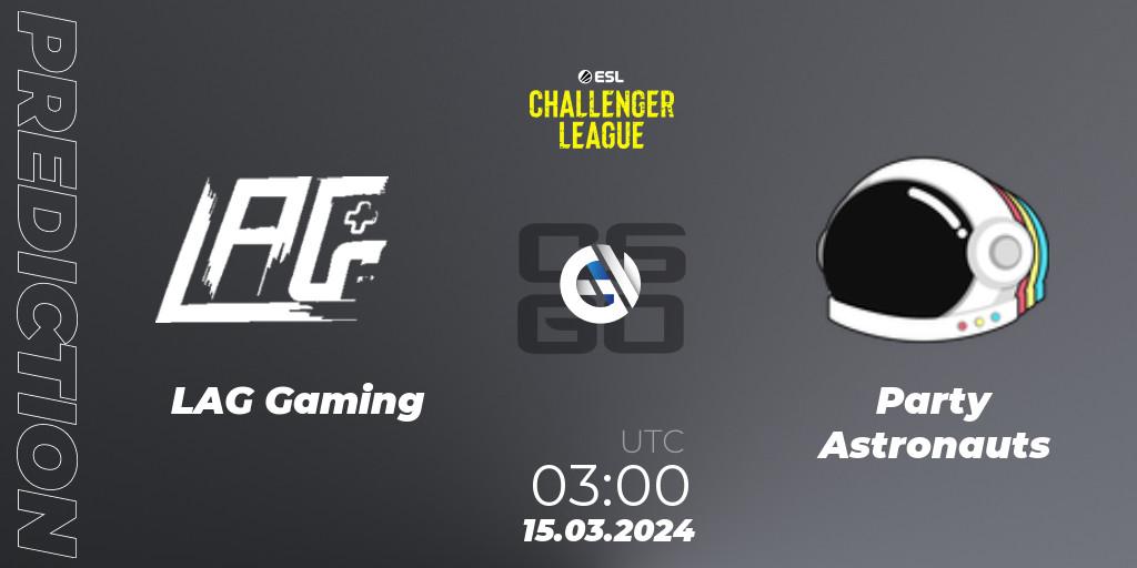 Pronósticos LAG Gaming - Party Astronauts. 09.05.2024 at 02:00. ESL Challenger League Season 47: North America - Counter-Strike (CS2)