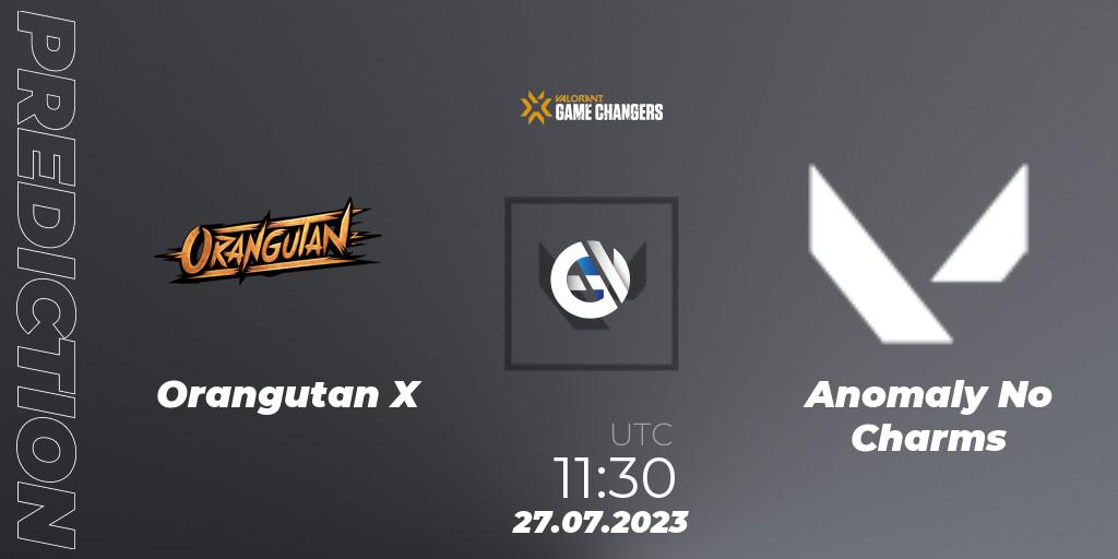 Pronósticos Orangutan X - Anomaly No Charms. 27.07.2023 at 11:30. VCT 2023: Game Changers APAC Open 3 - VALORANT