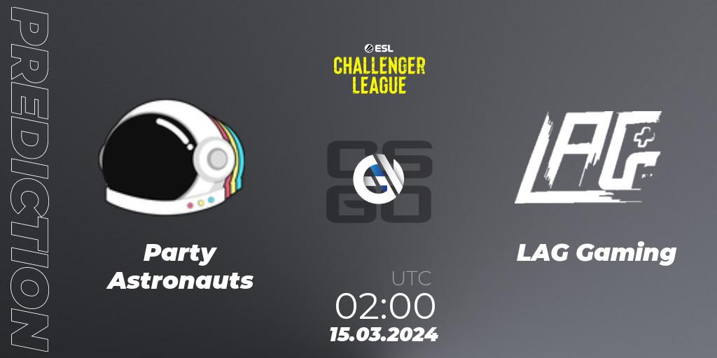Pronósticos Party Astronauts - LAG Gaming. 09.05.2024 at 01:00. ESL Challenger League Season 47: North America - Counter-Strike (CS2)