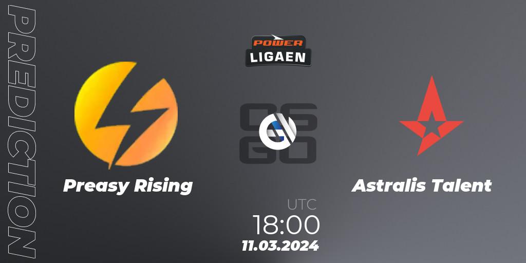 Pronósticos Preasy Rising - Astralis Talent. 11.03.2024 at 18:00. Dust2.dk Ligaen Season 25 - Counter-Strike (CS2)