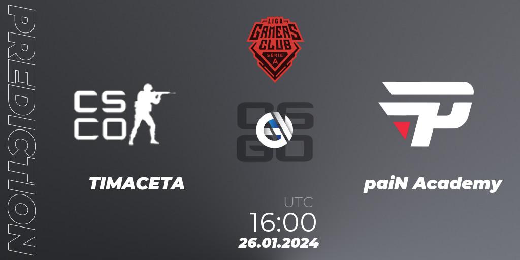 Pronósticos TIMACETA - paiN Academy. 26.01.2024 at 16:00. Gamers Club Liga Série A: January 2024 - Counter-Strike (CS2)