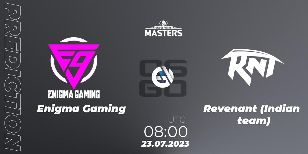 Pronósticos Enigma Gaming - Revenant (Indian team). 23.07.2023 at 08:00. Skyesports Masters 2023: Regular Season - Counter-Strike (CS2)