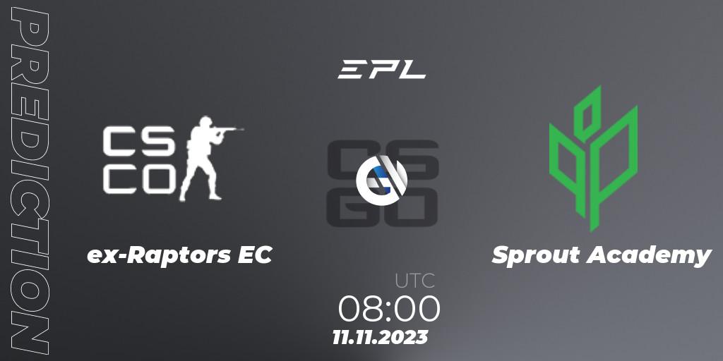 Pronósticos ex-Raptors EC - Sprout Academy. 11.11.2023 at 09:00. European Pro League Season 12: Division 2 - Counter-Strike (CS2)